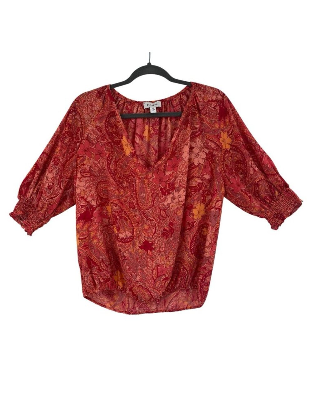 Evereve Women's Size M Pink Floral Paisley Blouse Boho Puff Sleeve Smocked